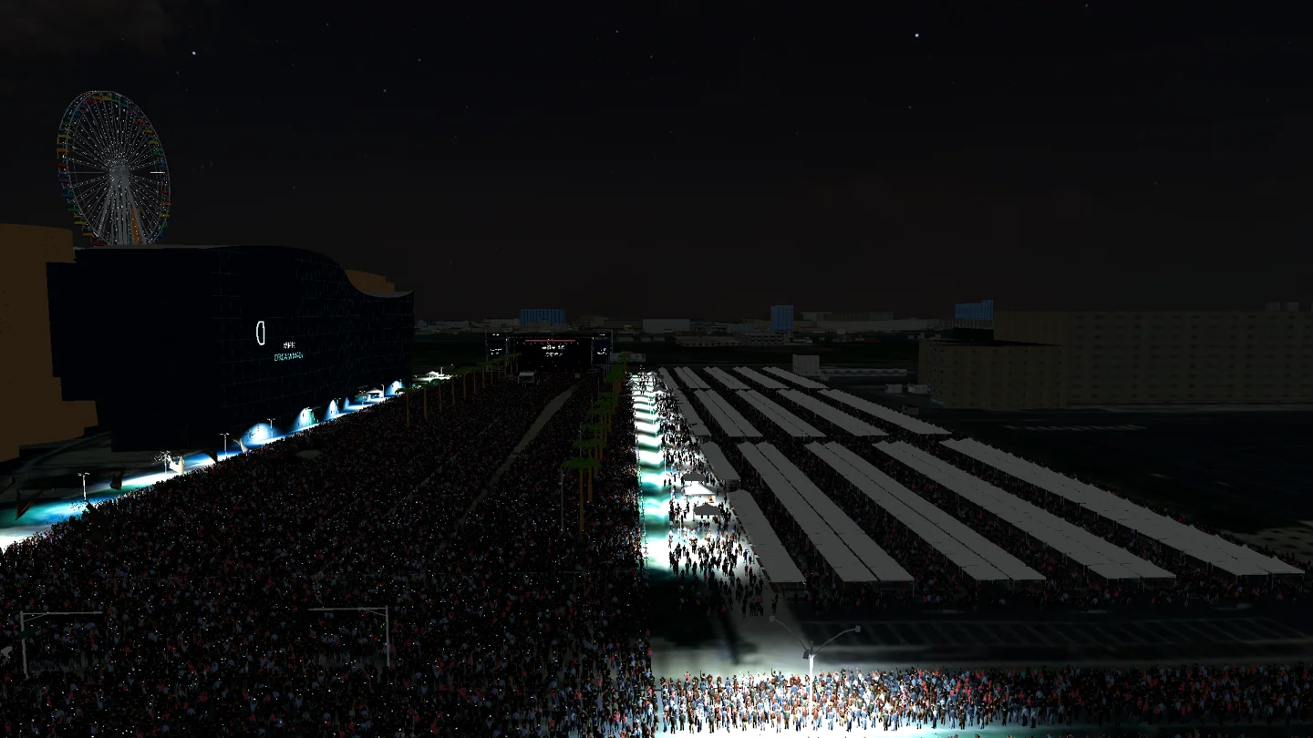 PyroMusicDesign 測試專案的夜間 3D 場景,呈現舞台、摩天輪與觀眾區的空間關係
